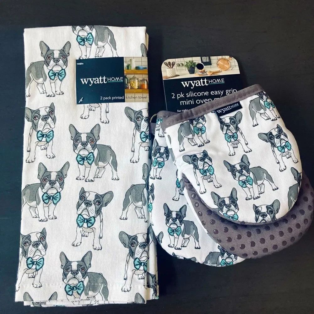 Frenchie Dog Farmhouse Kitchen Dish Towels Oven Mitts 4-pc Set